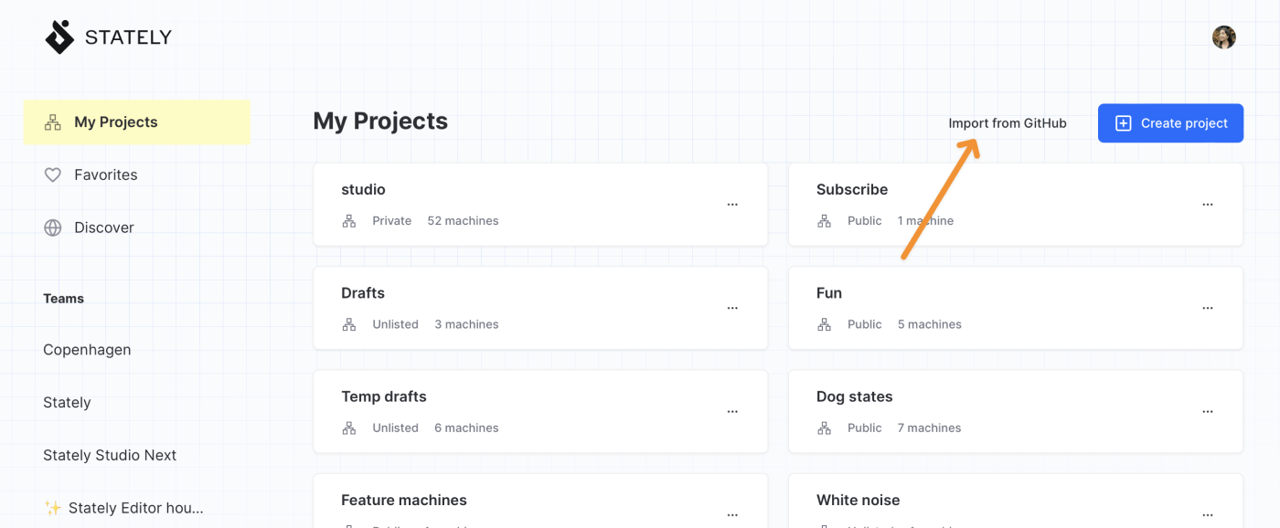 Stately Studio My Projects page showing a list of projects. Above the list is an Import from GitHub button, alongside the Create project button.