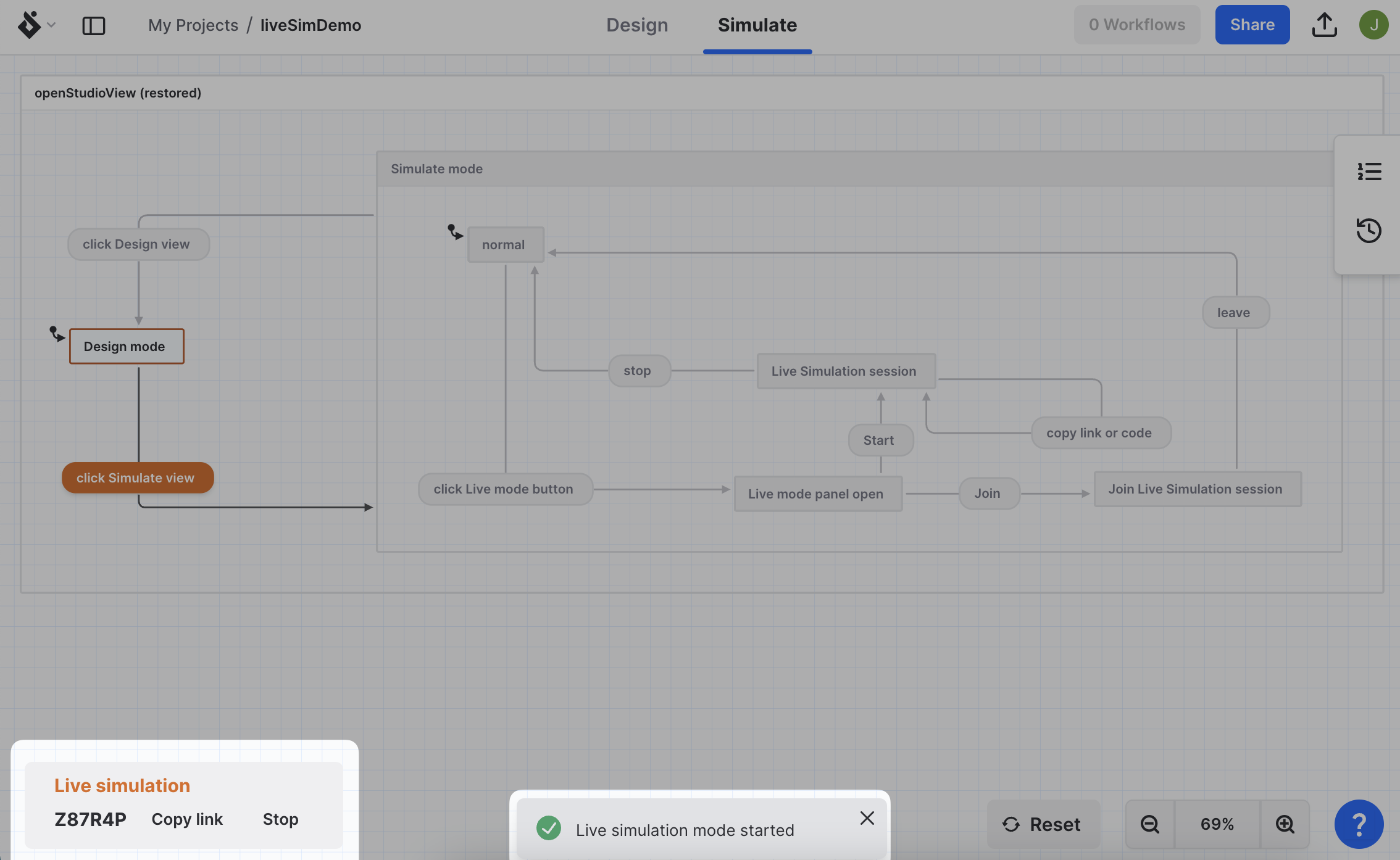 When selecting Start a live simulation, you are actively sharing the machine and others can access the same simulation with a custom generated link.