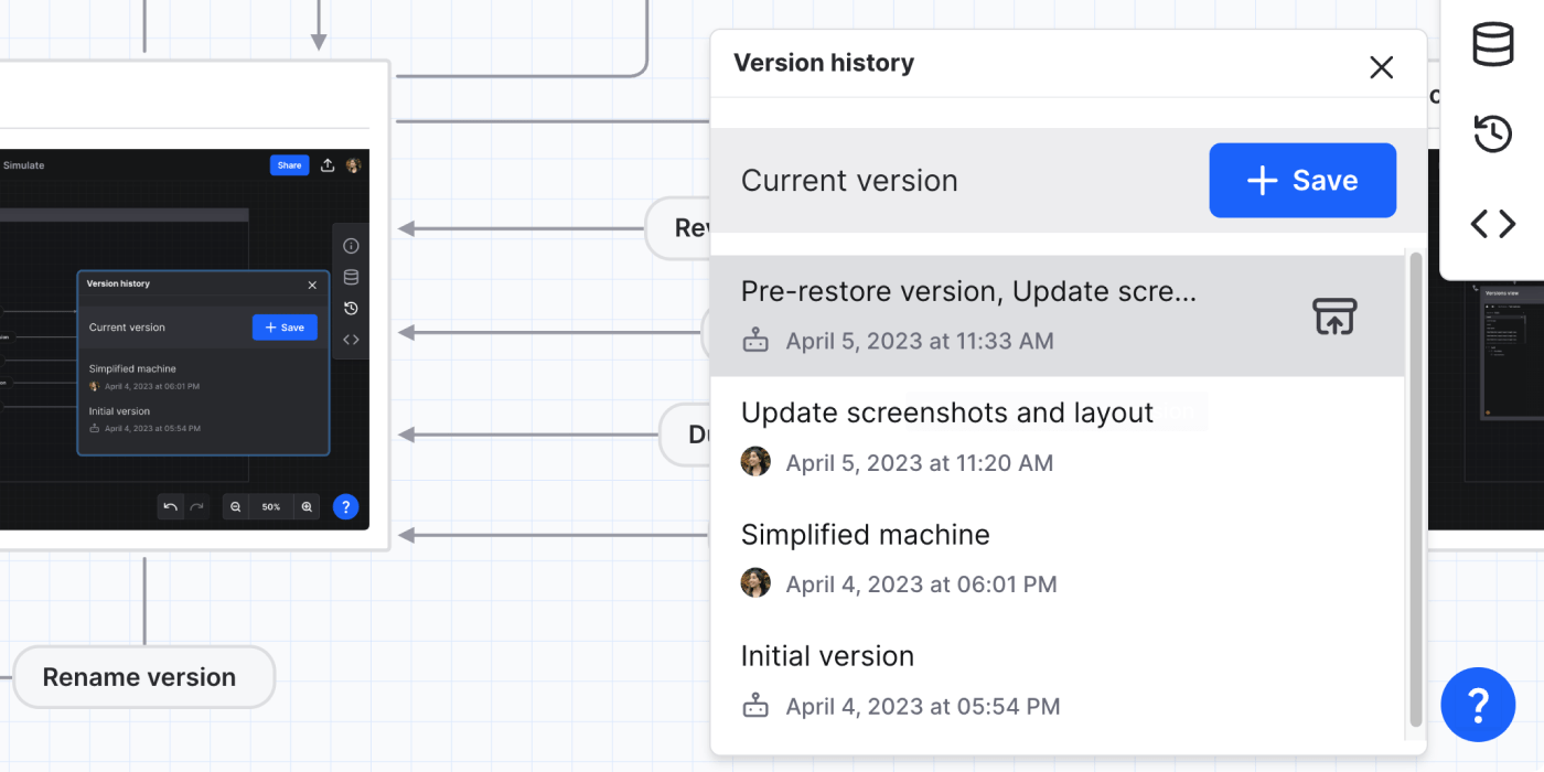 Autosave machine in the Version history panel named starting with Pre-restore version.