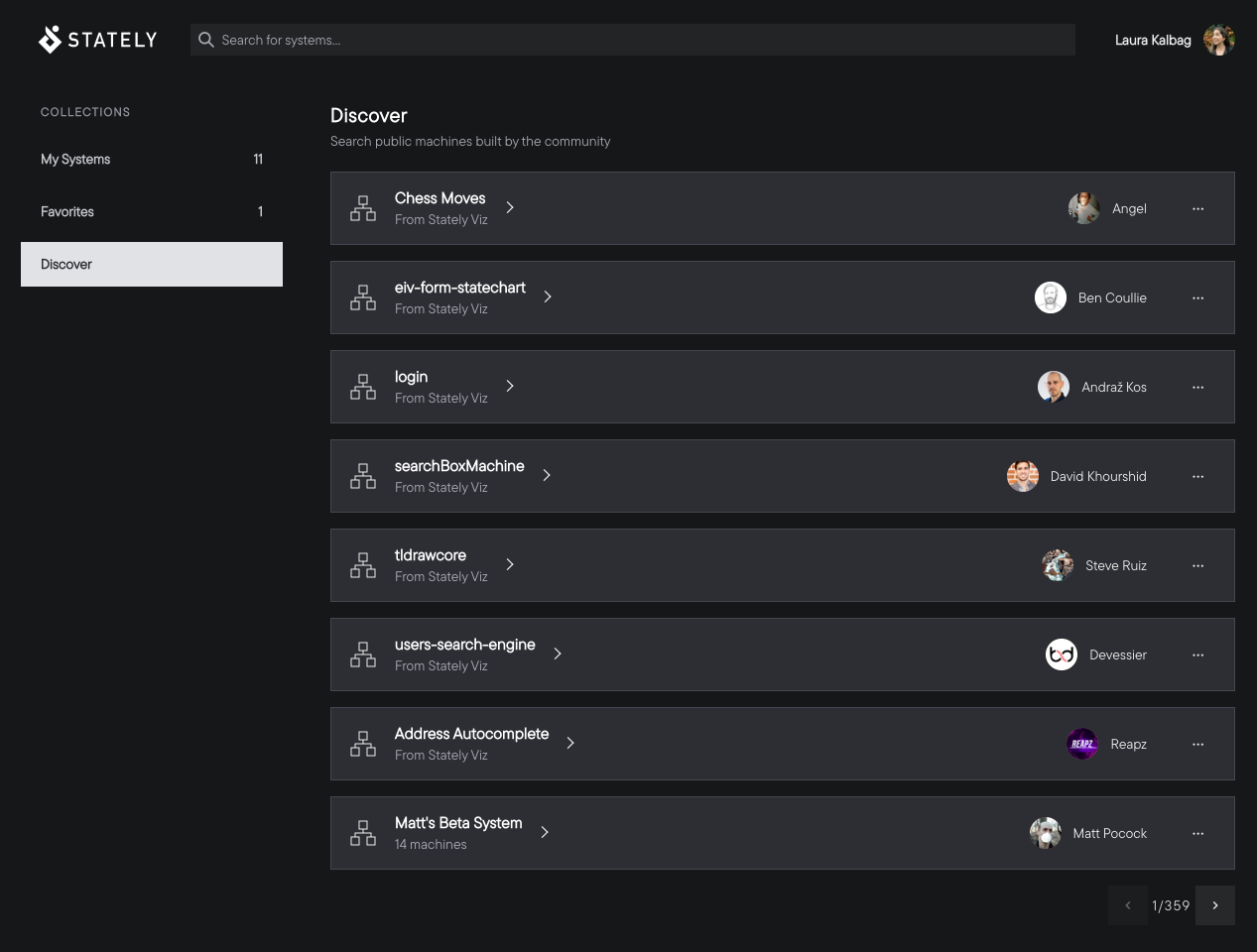 Stately Registry’s Discover section, featuring a list of the latest public machines built by the community. Machine names include Chess Moves, eiv-form-statechart, login, searchBoxMachine, tldrawcore, users-search-engine, Address Autocompletea and Matt’s Beta System.